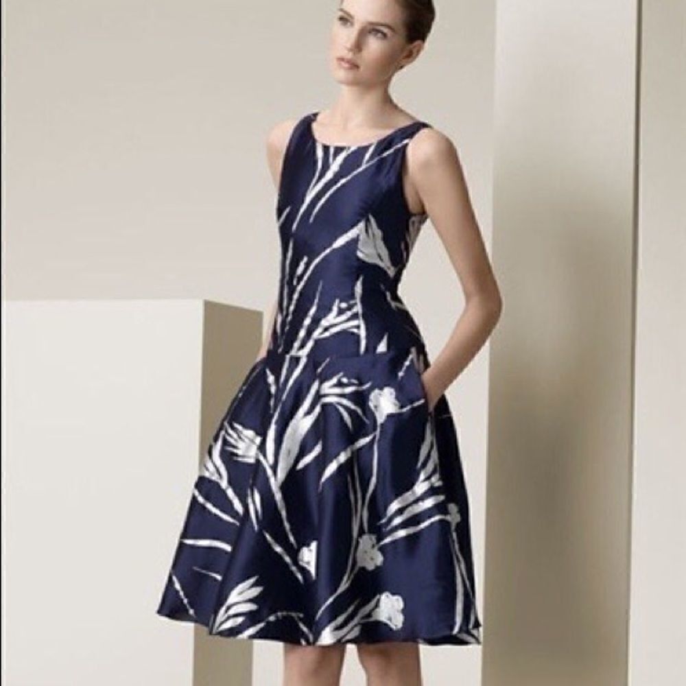 Ralph Lauren Silver Foil Botanical Print Navy Silk Fit & Flare Dress